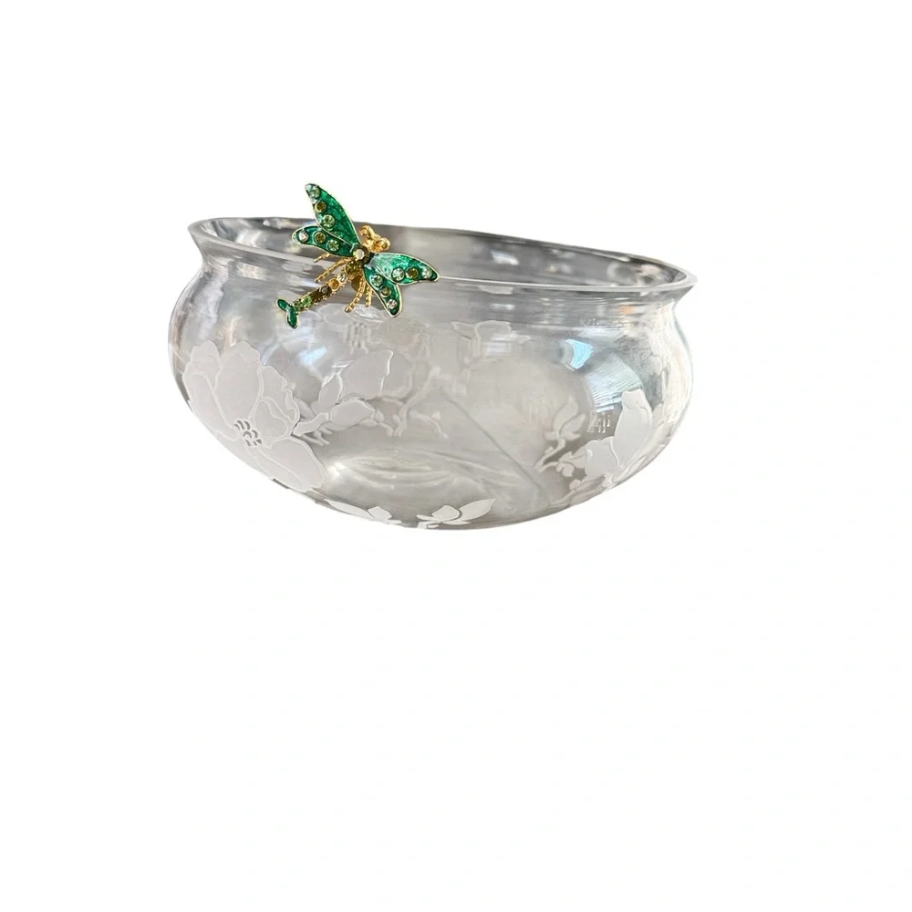 Lenox Garden Jewels Dragonfly 8” Round Crystal Bowl – Etched Floral Design